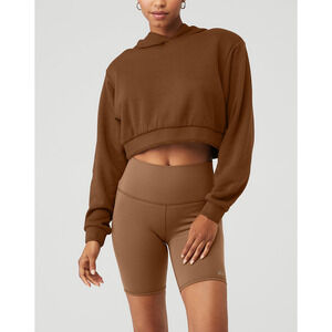 Alo Yoga Cropped Headliner Brown Cotton Shoulder Pad Hoodie Size S